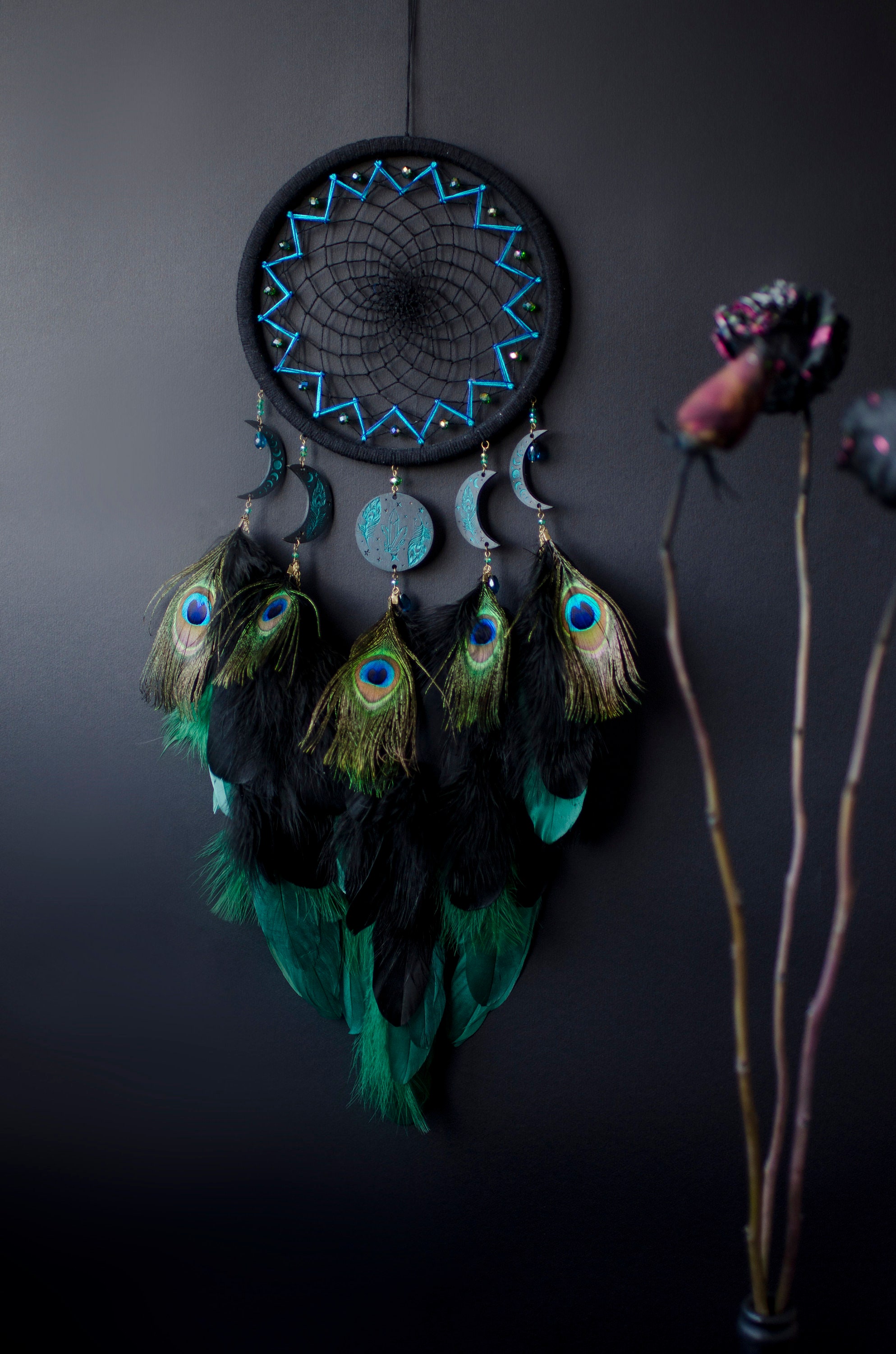 Handmade Black and Green Dreamcatcher With Peacock Feathers