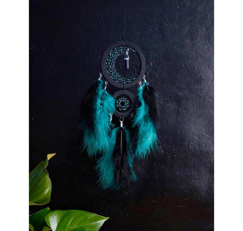 Crescent Moon Dream Catcher With Aventurine Crystal. Black and Green ...