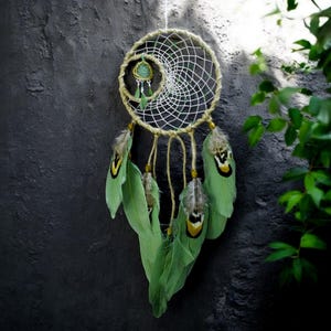 Green Crescent Moon Dreamcatcher: Boho Feather Wall Hanging