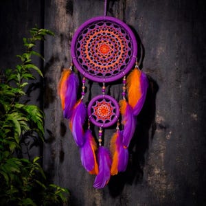 Handmade Purple and Orange Dreamcatcher – Dual Ring Boho Wall Hanging with Bright Feathers, Colorful Spiritual Decor, Gift for Teen or Dorm