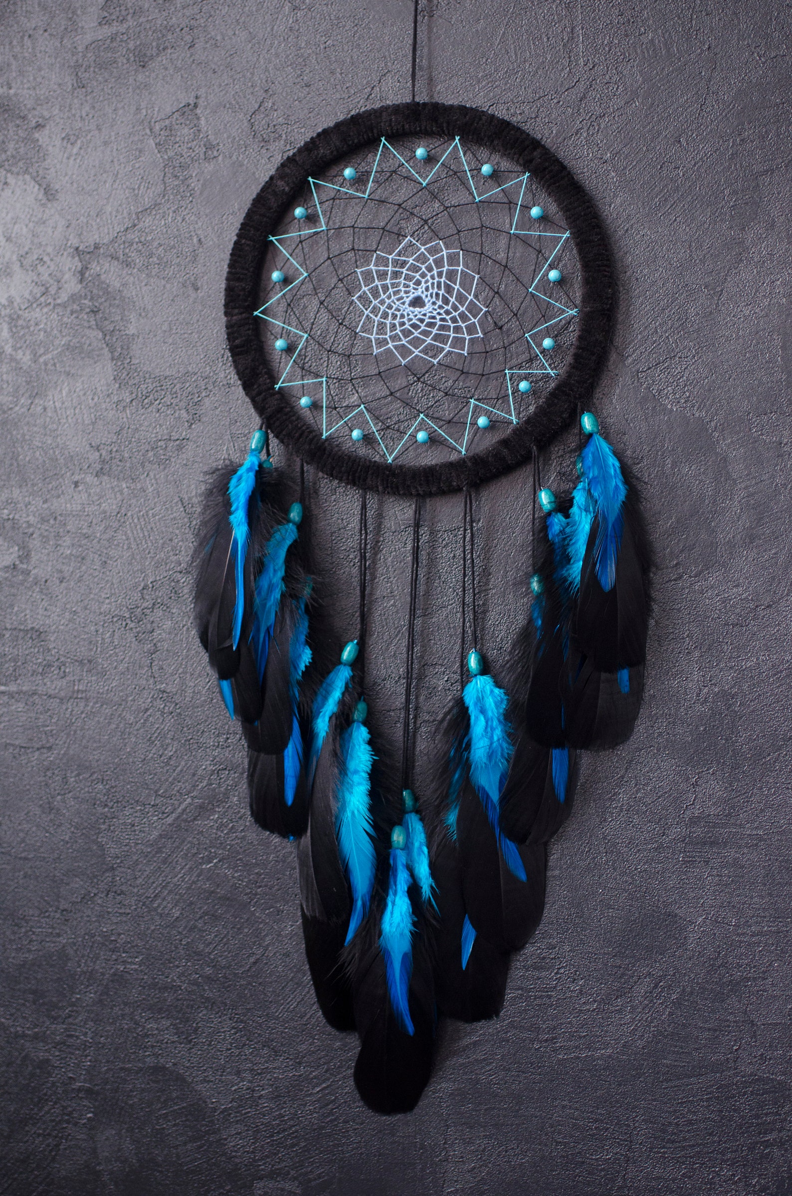 Large Black Dream Catcher With Turquoise Blue Feathers and Gemstones ...