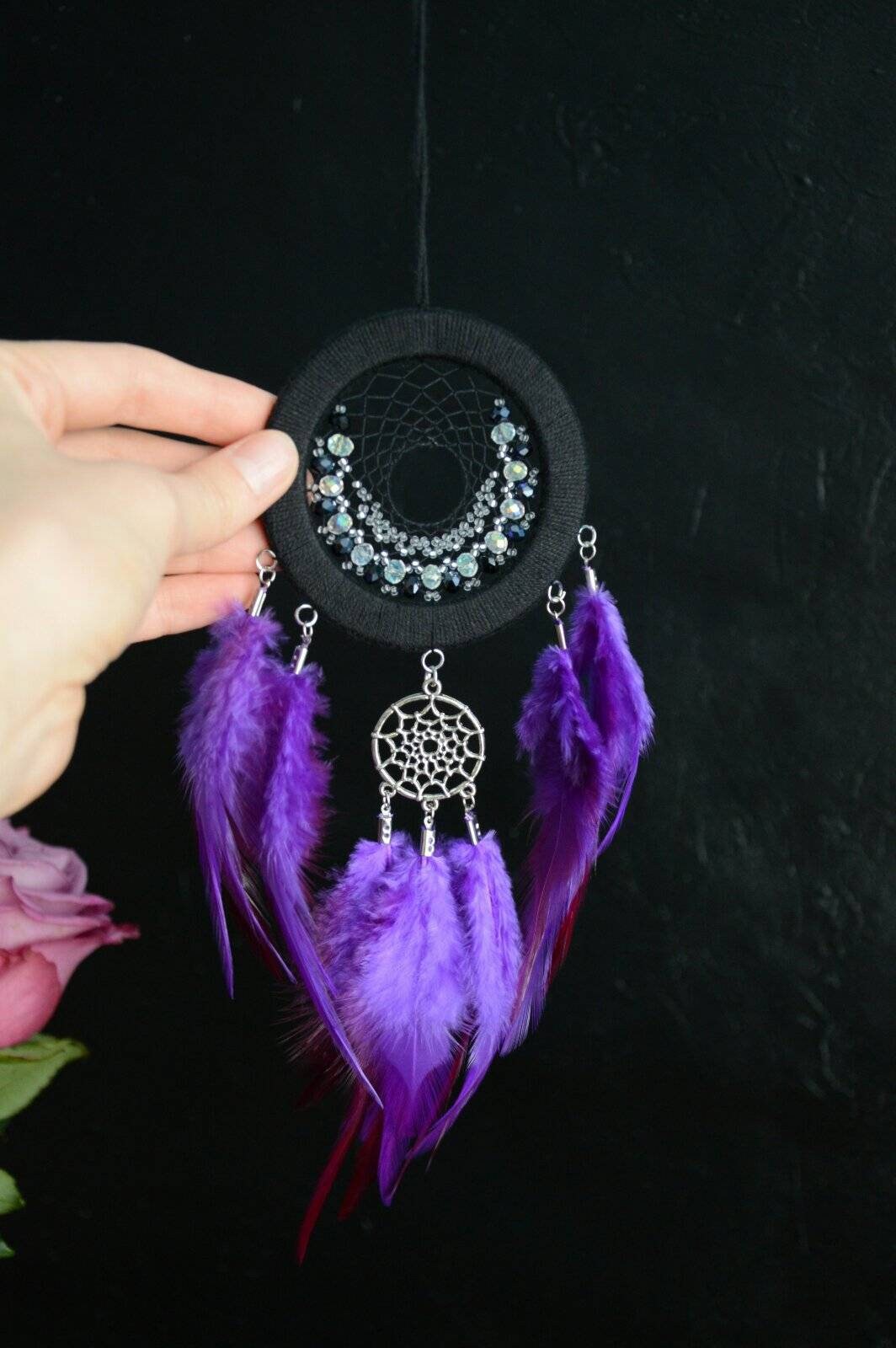Dream catcher car rear view mirror hanger. Small purple beaded Etsy