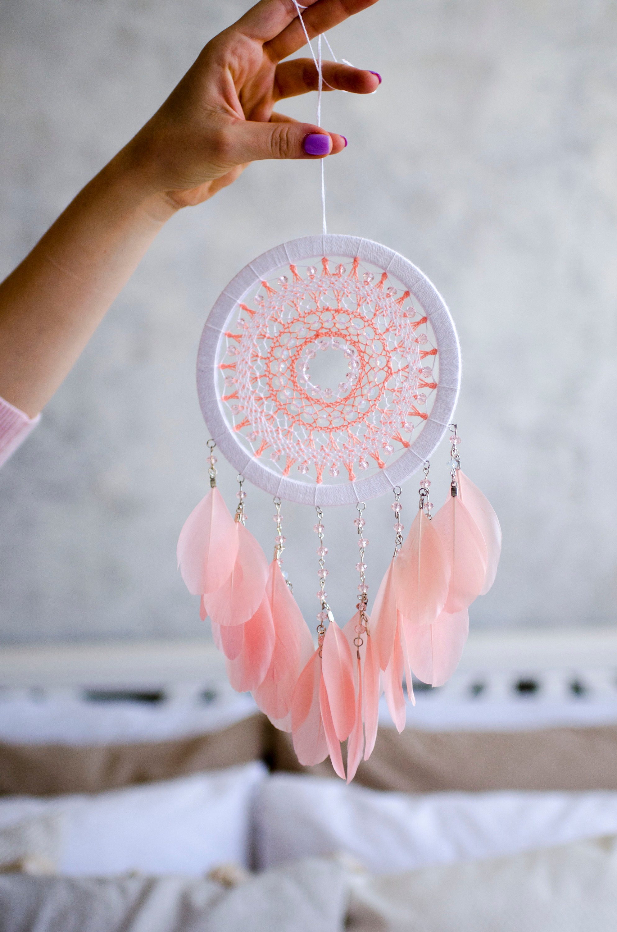Cute Pink Crystal Bead Bracelet Flower Dream Catcher Charm