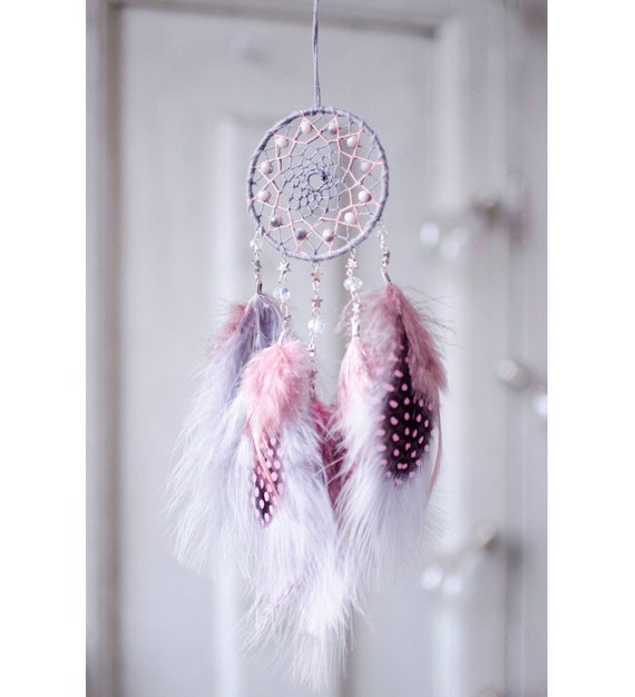 Small Grey Dreamcatcher With Blush Pink Feathers. Dreamcatcher Car  Ornament. Starry Car Mirror Charm. 