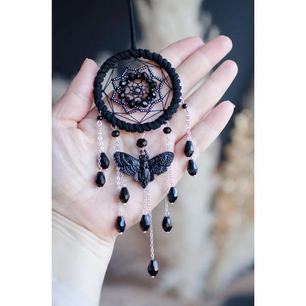 Gothic Car Charm Dream Catcher with Snake or Moth Pendant, Black Beaded Rearview Mirror Hanging Witchy Boho Gift for Her | Choose Your Totem