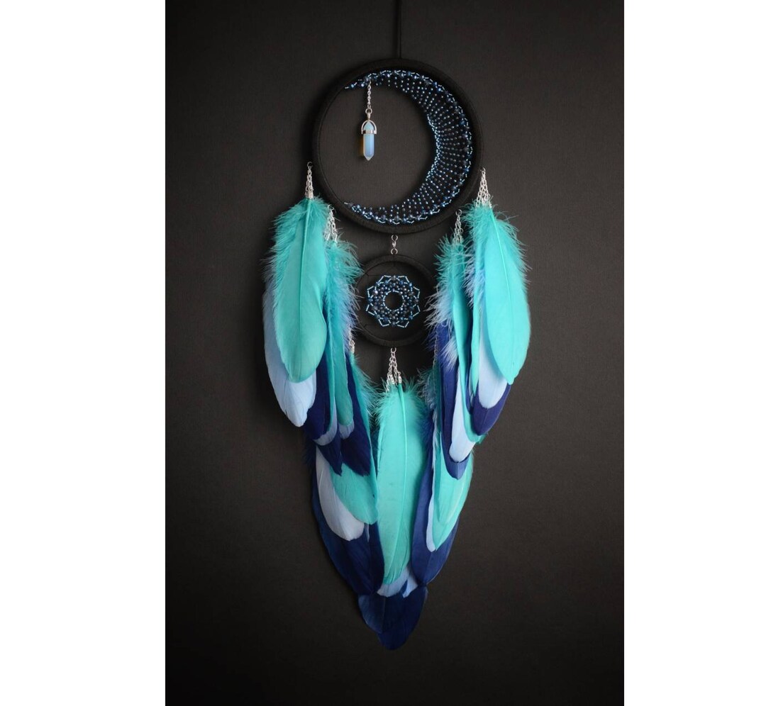 Crescent Moon Dream Catcher With Crystal/ Chakra Dream Catcher/ Blue ...