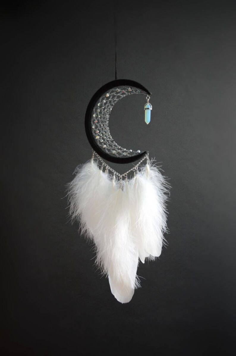 Crescent Moon White Black Dream Catcher With Moonstone / Moon Dream ...