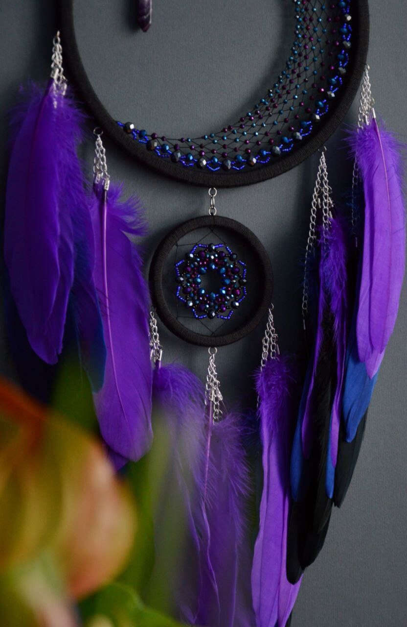 Large Purple Crescent Moon Dream Catcher With Amethyst Crystal - Etsy