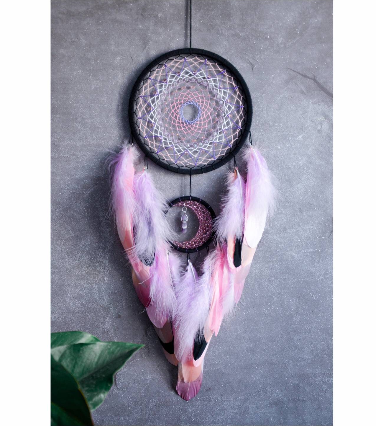 Amethyst Purple Dream Catcher With Crystal/ Pink and Black