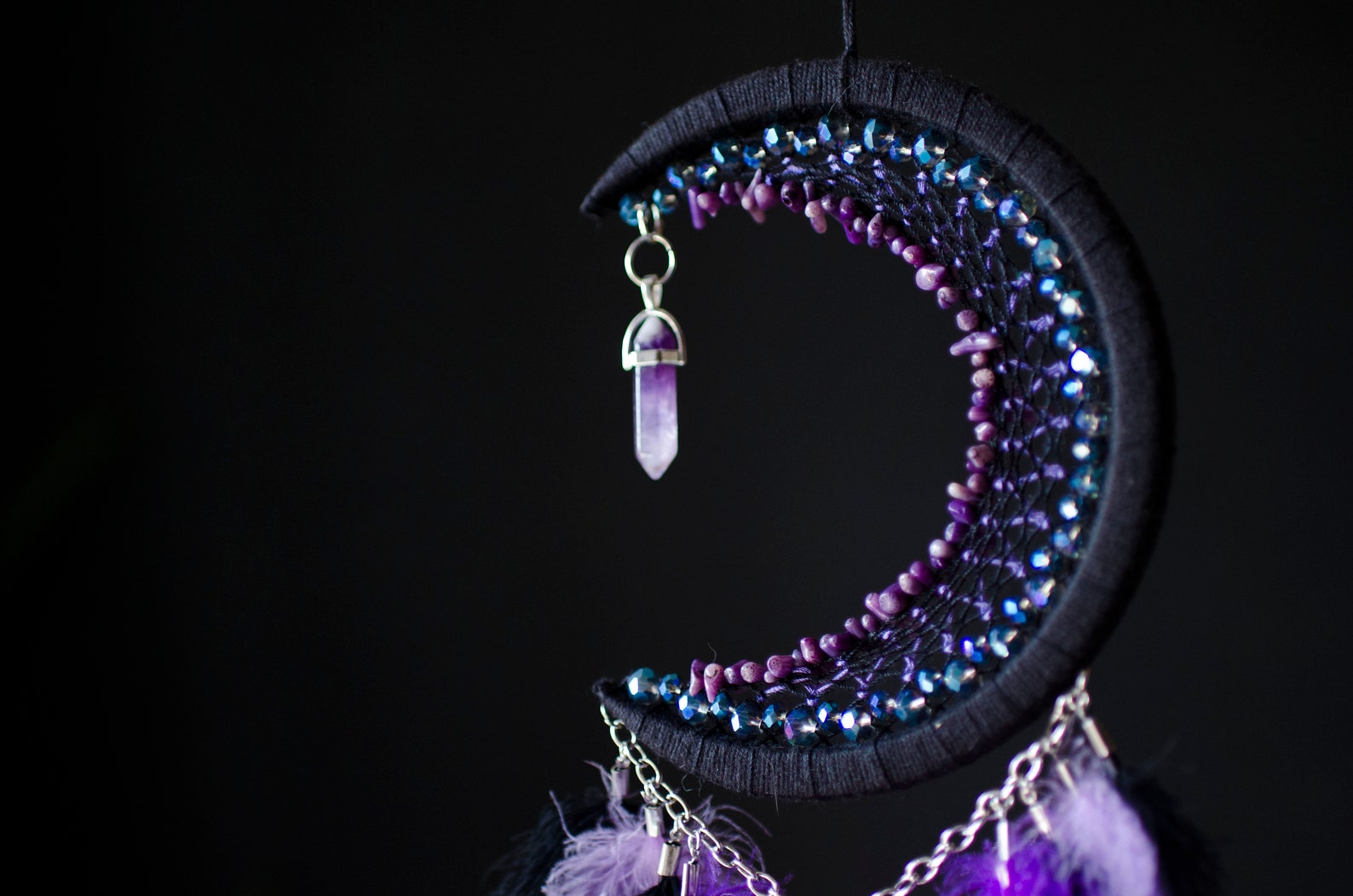 Crescent Moon White Black Dream Catcher With Moonstone / Moon Dream ...