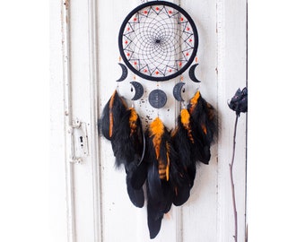 Black Orange Dreamcatcher: Celestial Moon Phase Wall Decor