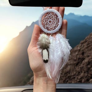 White Dreamcatcher Car Charm: Handmade Feather Rearview Mirror Hanging