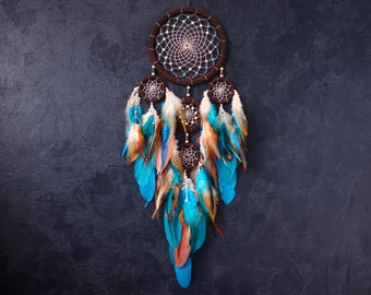 Turquoise brown dreamcatcher wall hanging. Christmas gift idea.