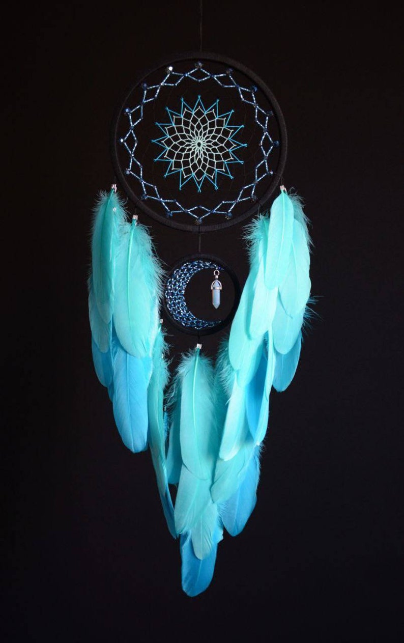 Large Black Mint Blue Crescent Moon Dream Catcher With Moonstone ...