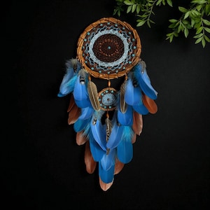 Handmade Willow Dreamcatcher – Boho Wall Hanging with Blue and Brown Feathers, Rustic Tribal Home Decor, Unique Gift
