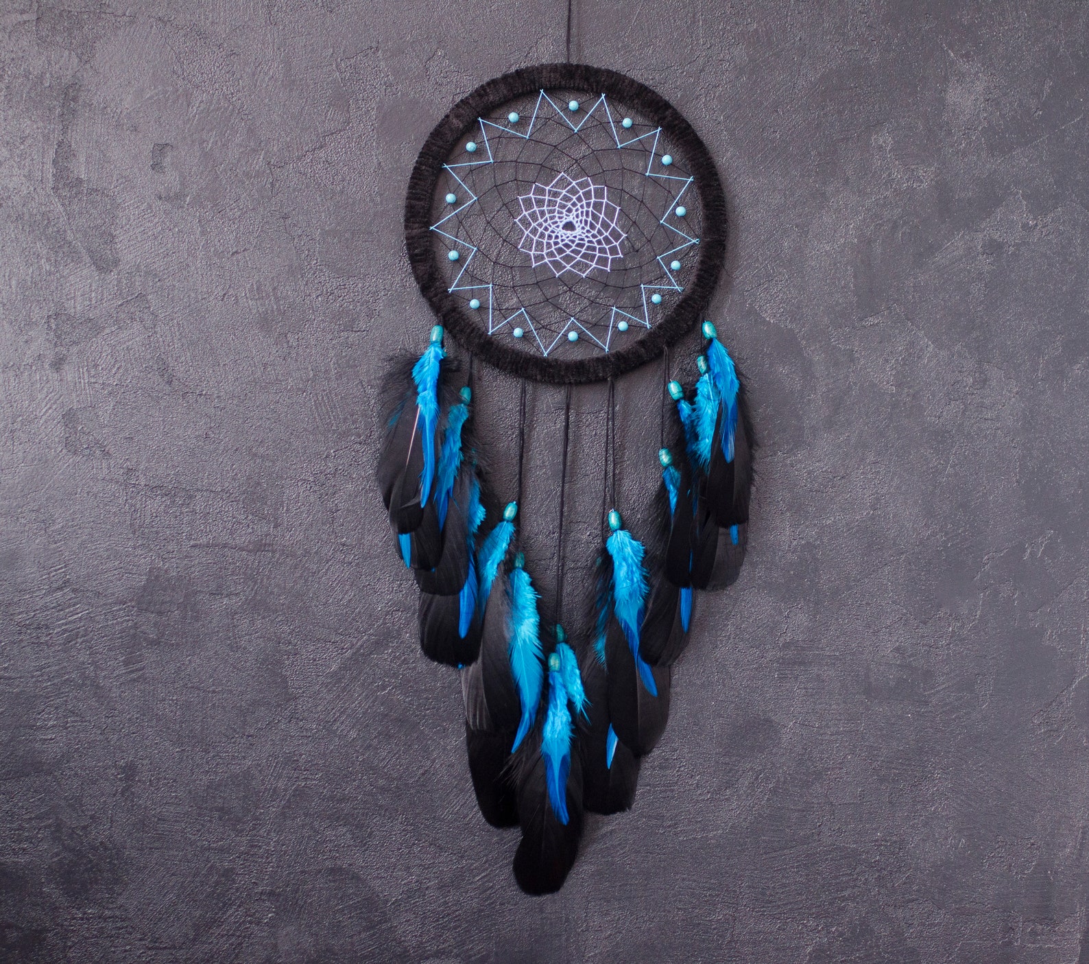 Large Black Dream Catcher With Turquoise Blue Feathers and Gemstones ...