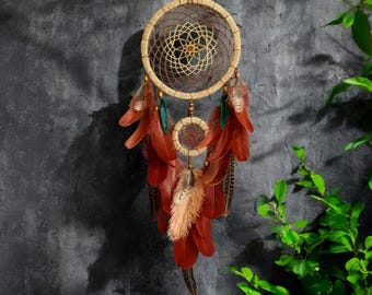 May include: A brown and beige dreamcatcher with brown feathers hanging from it. The dreamcatcher is hanging from a wall with a green plant in the background.