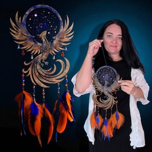 Handmade Phoenix Dreamcatcher – Blue & Orange Firebird Wall Hanging