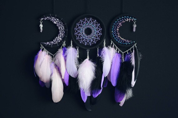 Triple Moon Dream Catcher Set/ Waxing Full Waning Moon/ Purple
