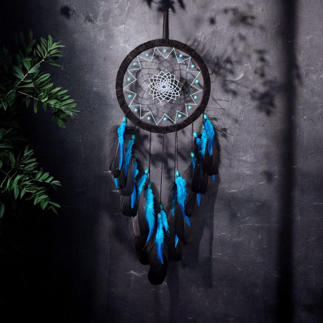 Large Black Dream Catcher With Turquoise Blue Feathers and Gemstones ...