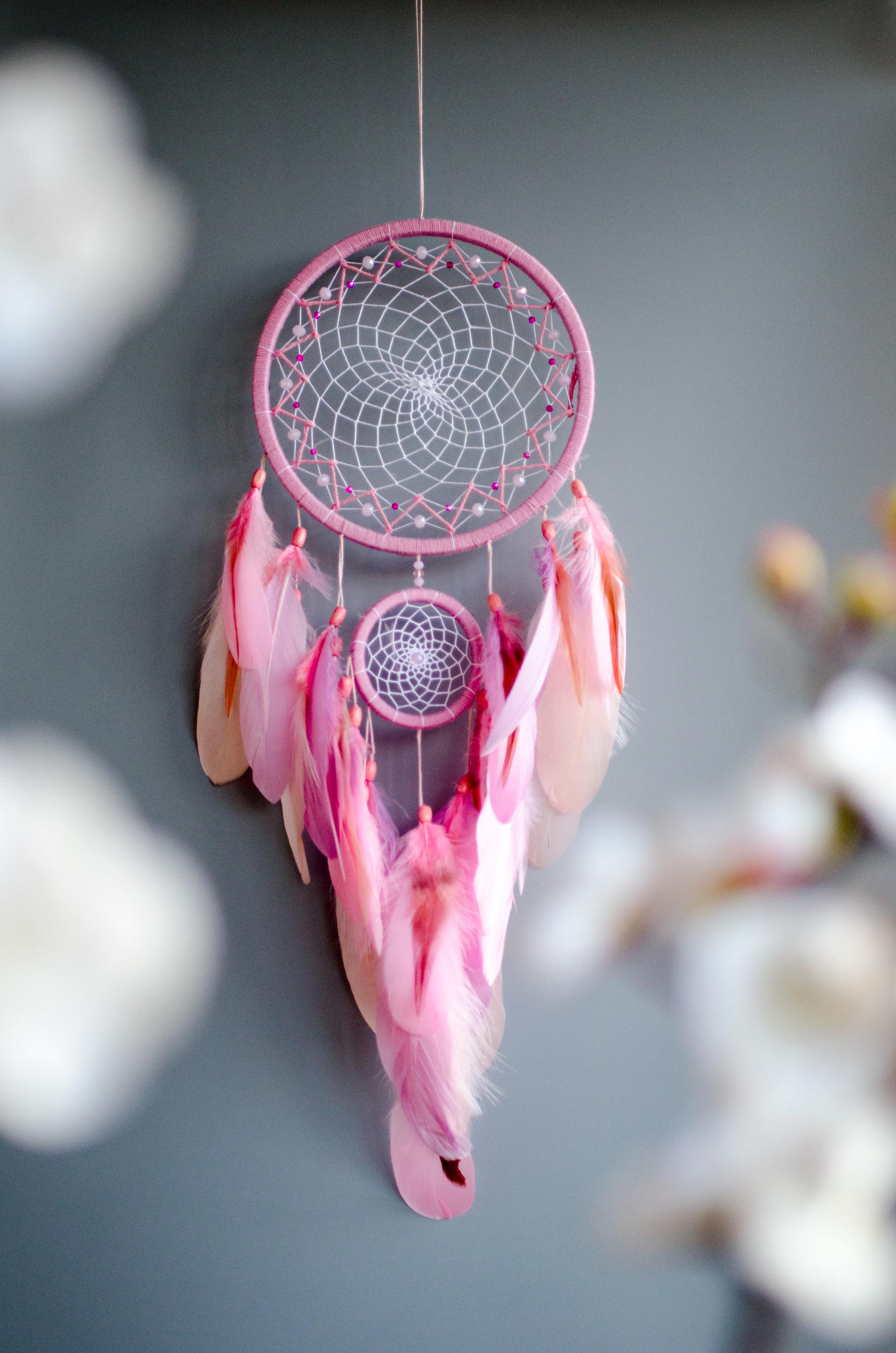 Handcrafted Soft Pink Dream Catcher – Double Hoop Boho Wall