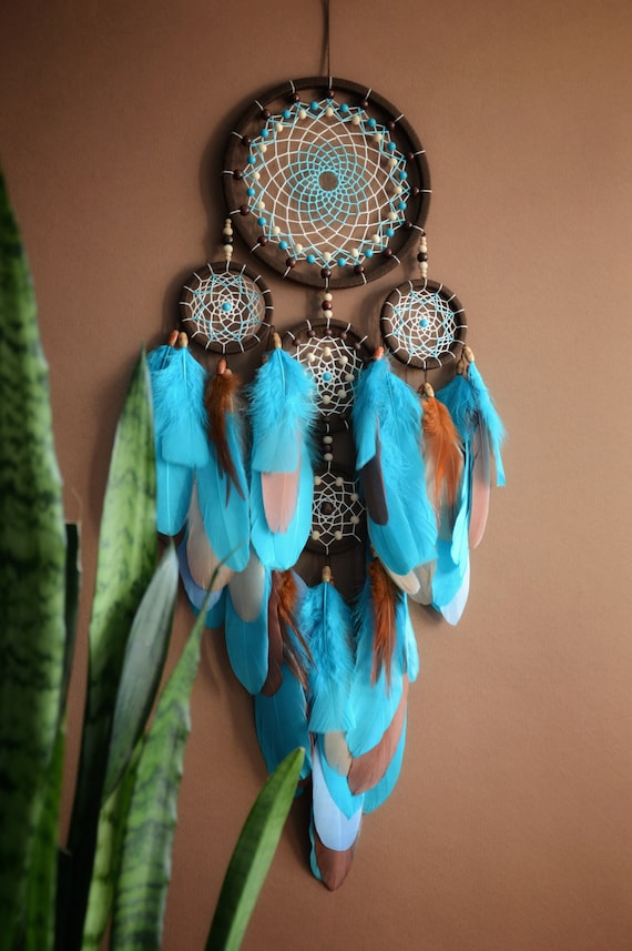 Dreamcatcher Blu 5 Anelli Acchiappasogni Blu Con Piume E Perline Decorazione 540951
