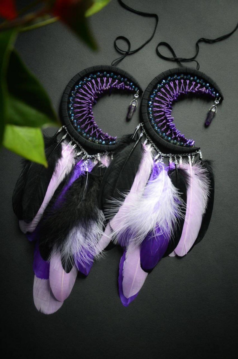 Elegant Handmade Purple and Black Crescent Moon Dream Catcher With ...