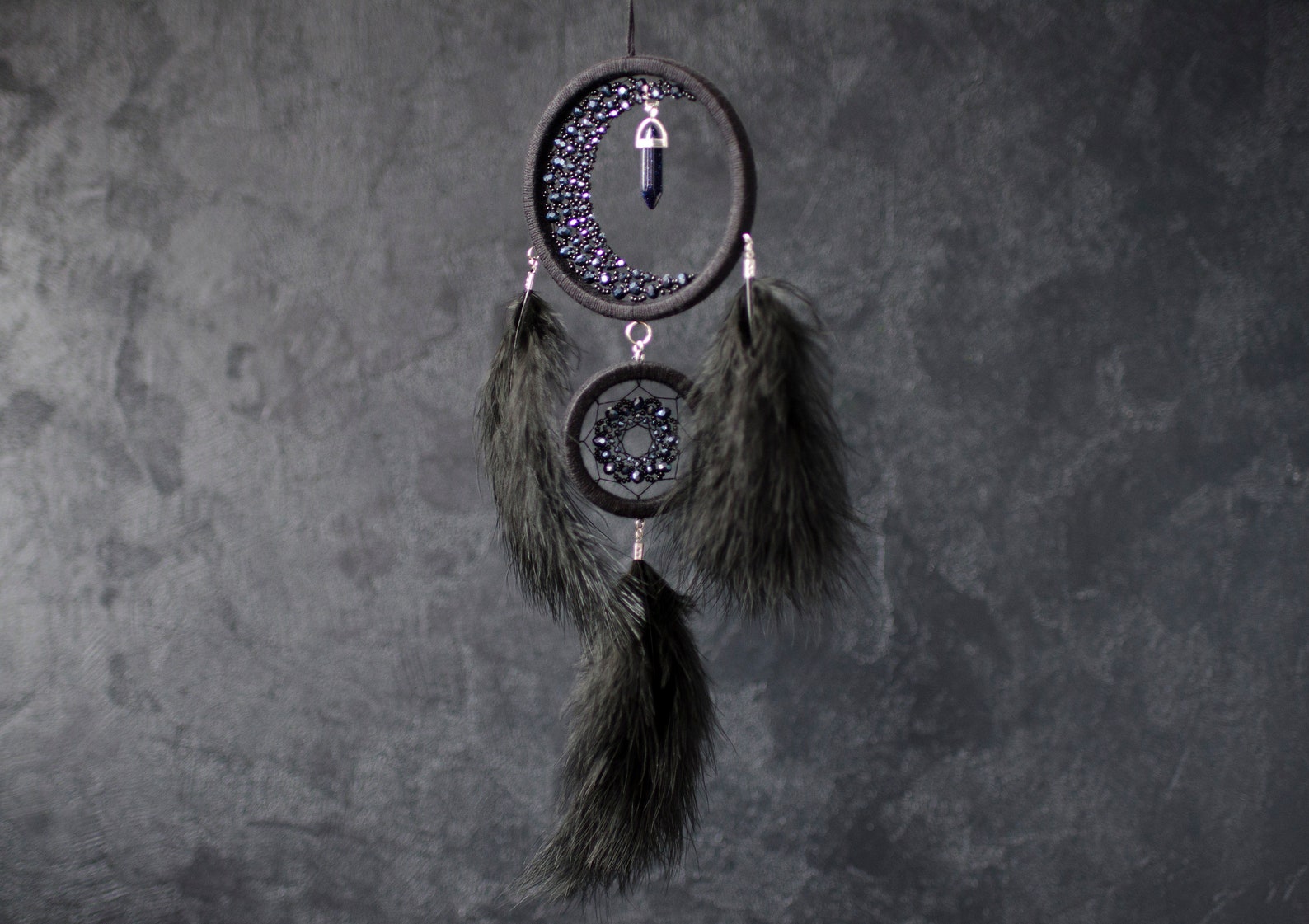 Black Crescent Moon Dream Catcher With Crystal - Etsy