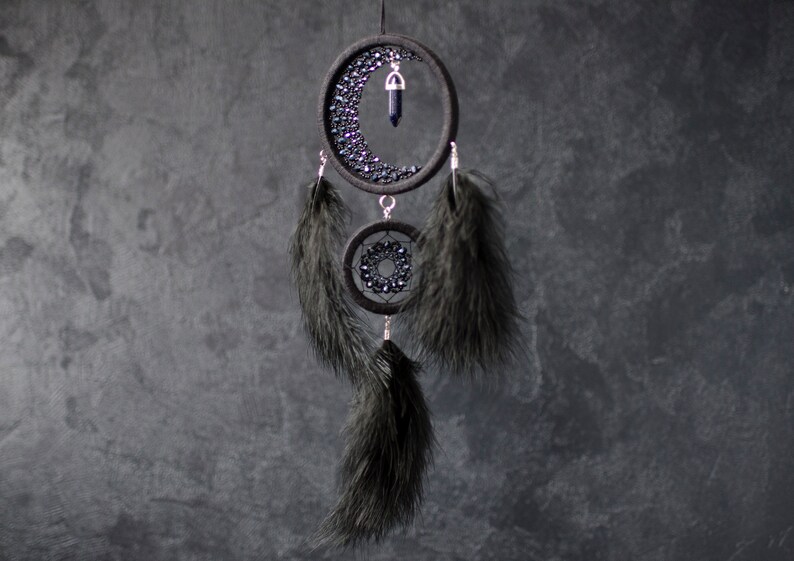 Black Crescent Moon Dream Catcher With Crystal - Etsy
