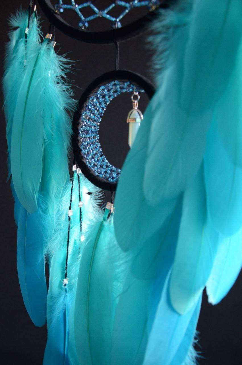 Large Black Mint Blue Crescent Moon Dream Catcher With Moonstone ...