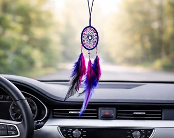 Boho Dream Catcher Car Charm, Handmade Feather Rearview Mirror Hanging Gift