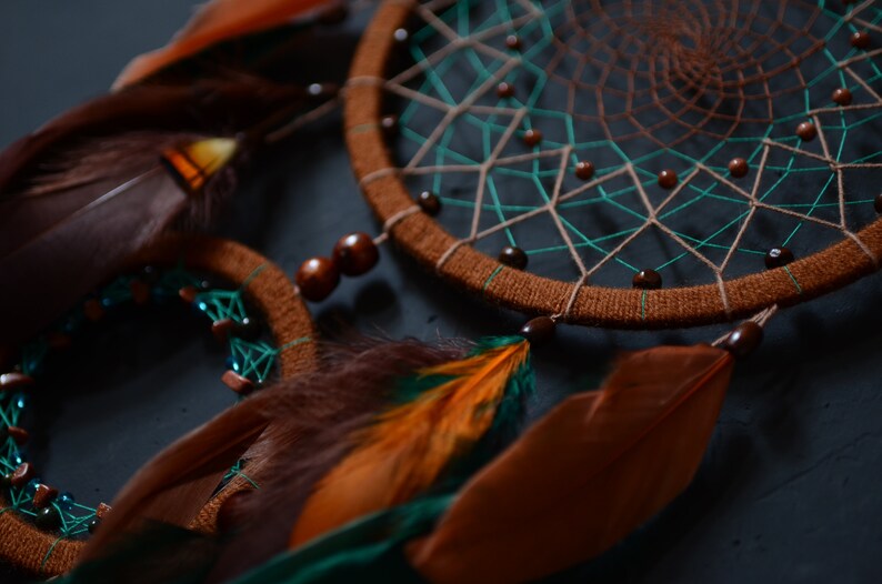 Teal green dream catcher wall hanging. Statement wall decor Large dreamcatcher wall hanging Brown nursery decor. Burnt orange home decor image 7