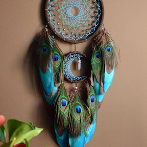 Large Crescent Moon Dream Catcher With Moonstone Crystal. Brown Blue ...