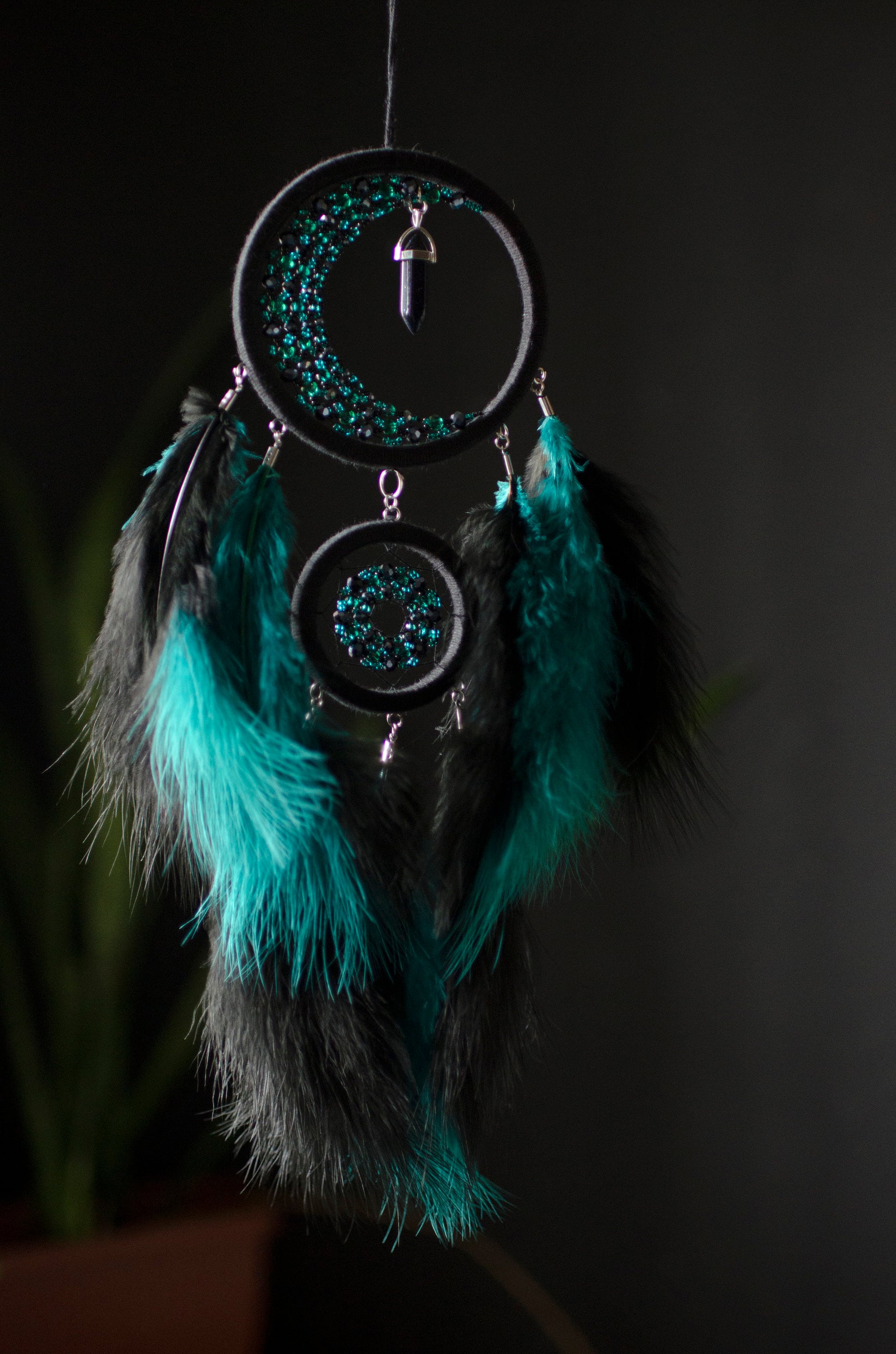 Crescent Moon Dream Catcher With Aventurine Crystal. Black and Green ...