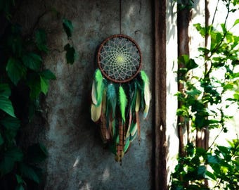 Handcrafted Green Dreamcatcher: Earthy Boho Wall Hanging