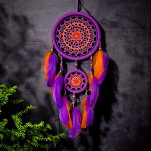 Colorful Boho Dreamcatcher – Handmade Purple and Orange Wall Hanging with Feathers, Dual Hoop Spiritual Decor, Unique Gift for Teen Bedroom