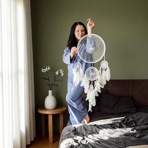 Large White Dreamcatcher: Boho Feather Wall Hanging, Minimalist Decor