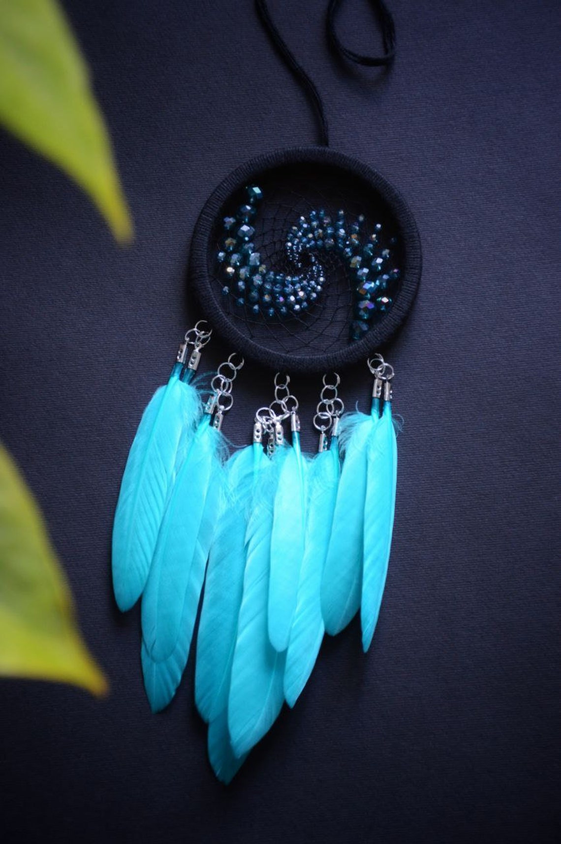 Black Dream Catcher With Sea Blue Feathers Fractal Spiral Dreamcatcher ...