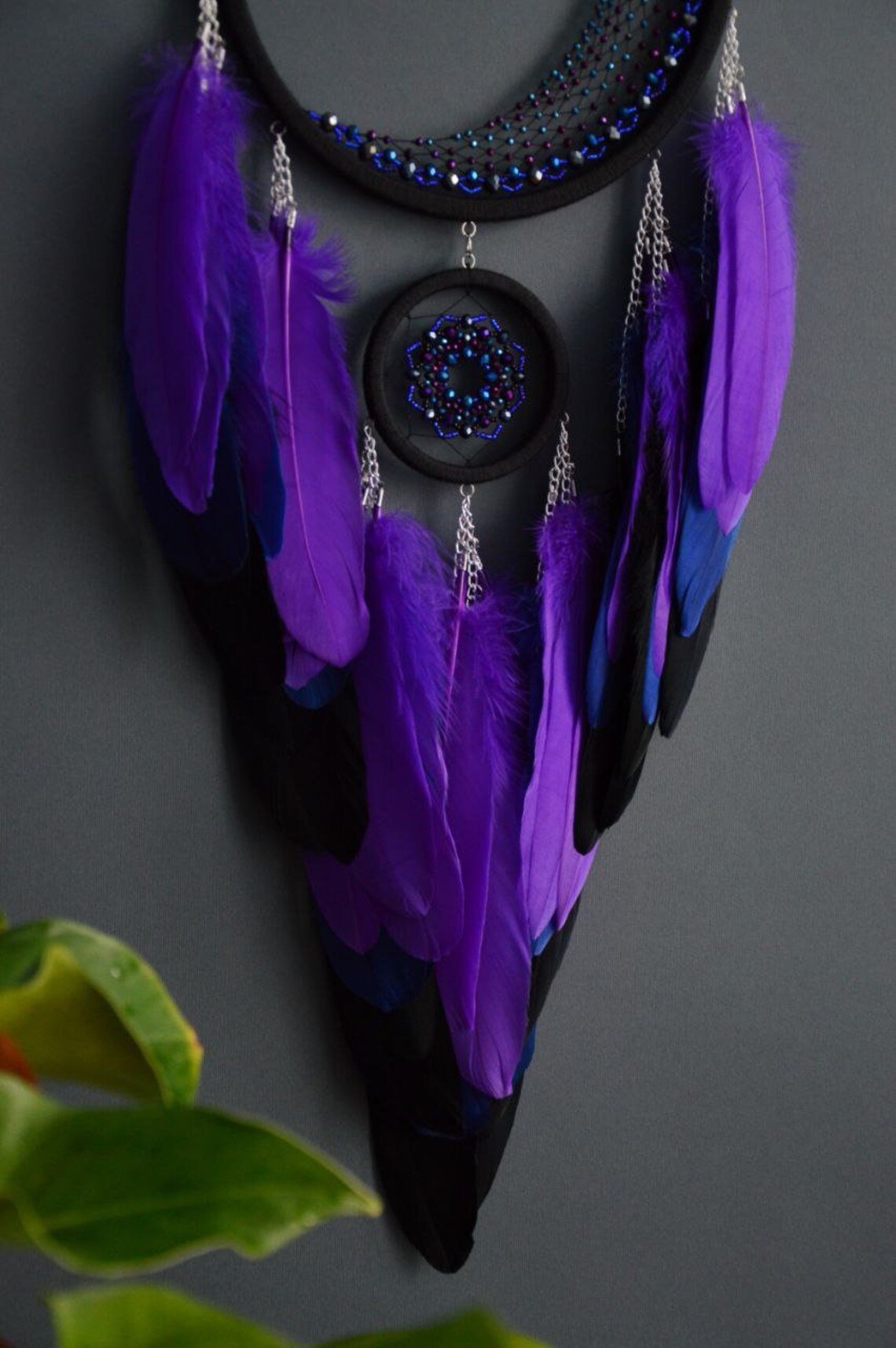 Large Purple Crescent Moon Dream Catcher With Amethyst Crystal / Black ...