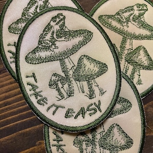 Frog on Mushroom Patch: Cottagecore Embroidered Iron-On Applique