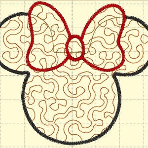 May include: Black and red embroidered design of a mouse head with a bow. The design features a swirling pattern inside the head and bow.