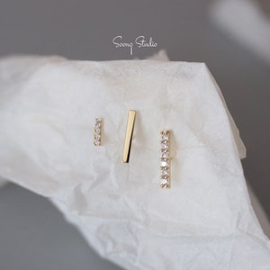 14K Solid Gold Dainty Diamond Bar Earrings, Real Gold Bar Earrings,Thin Stick Stud, Minimalist Sparkling Stick Earrings, Gift for Her