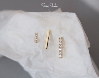 14K Solid Gold Dainty Diamond Bar Earrings, Real Gold Bar Earrings,Thin Stick Stud, Minimalist Sparkling Stick Earrings, Gift for Her