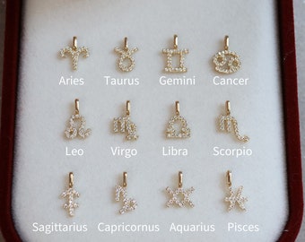 9K Solid Gold Twelve constellations Charms, Real Solid Gold Tiny Dainty Initial Charm, Real Gold Diamond Pendant