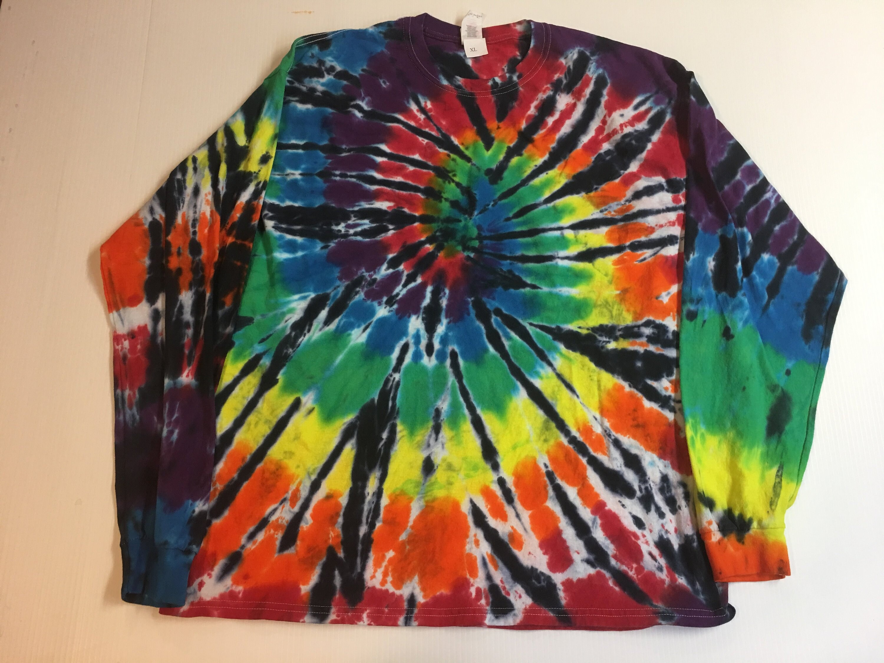 Tie Dyed Long Sleeved Rainbow Black Spiral XL and XXL