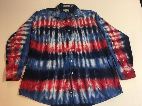 One of a Kind Red and Blue Tie Dyed Collard Button Down Shirt