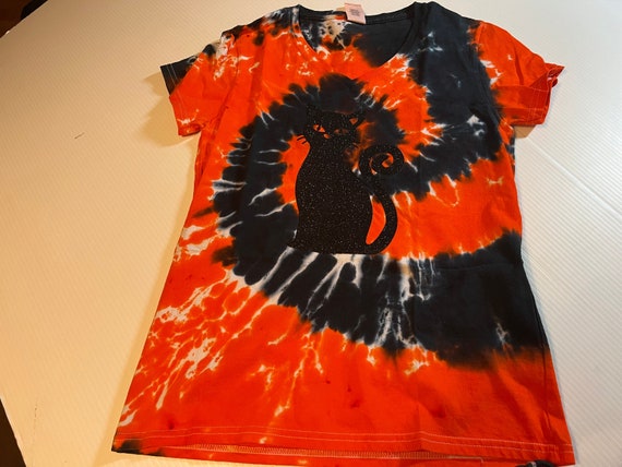 Orange and Black Spiral V-neck Tie Dyed Short Sleeve Tee  with Decal of Black Cat Multiple Sizes