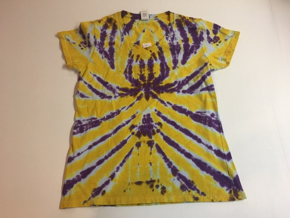 Ladies Purple and Gold Spider Spiral Tie Dyed V Neck Tee