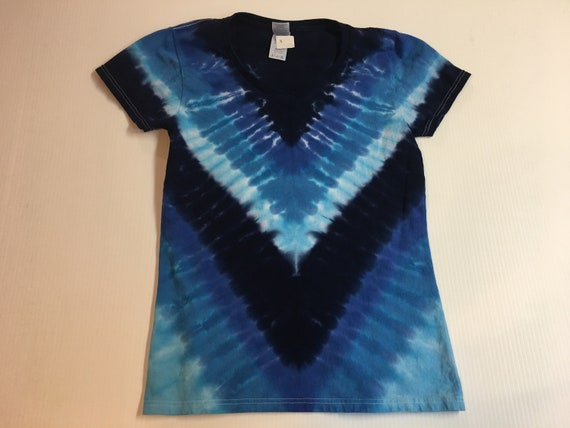Ladies V-neck Shades of Blue Tie Dyed Tee Multiple sizes