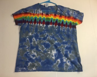 Ladies One of a Kind Rainbow  and Blue Tie Dyed V Neck Tee